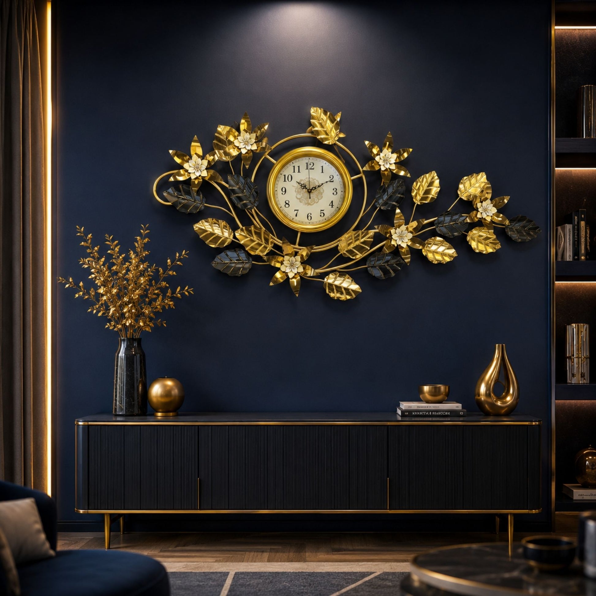 Wide decorative metal wall clock featuring gold and dark leaves, floral accents, and a central round gold dial.
