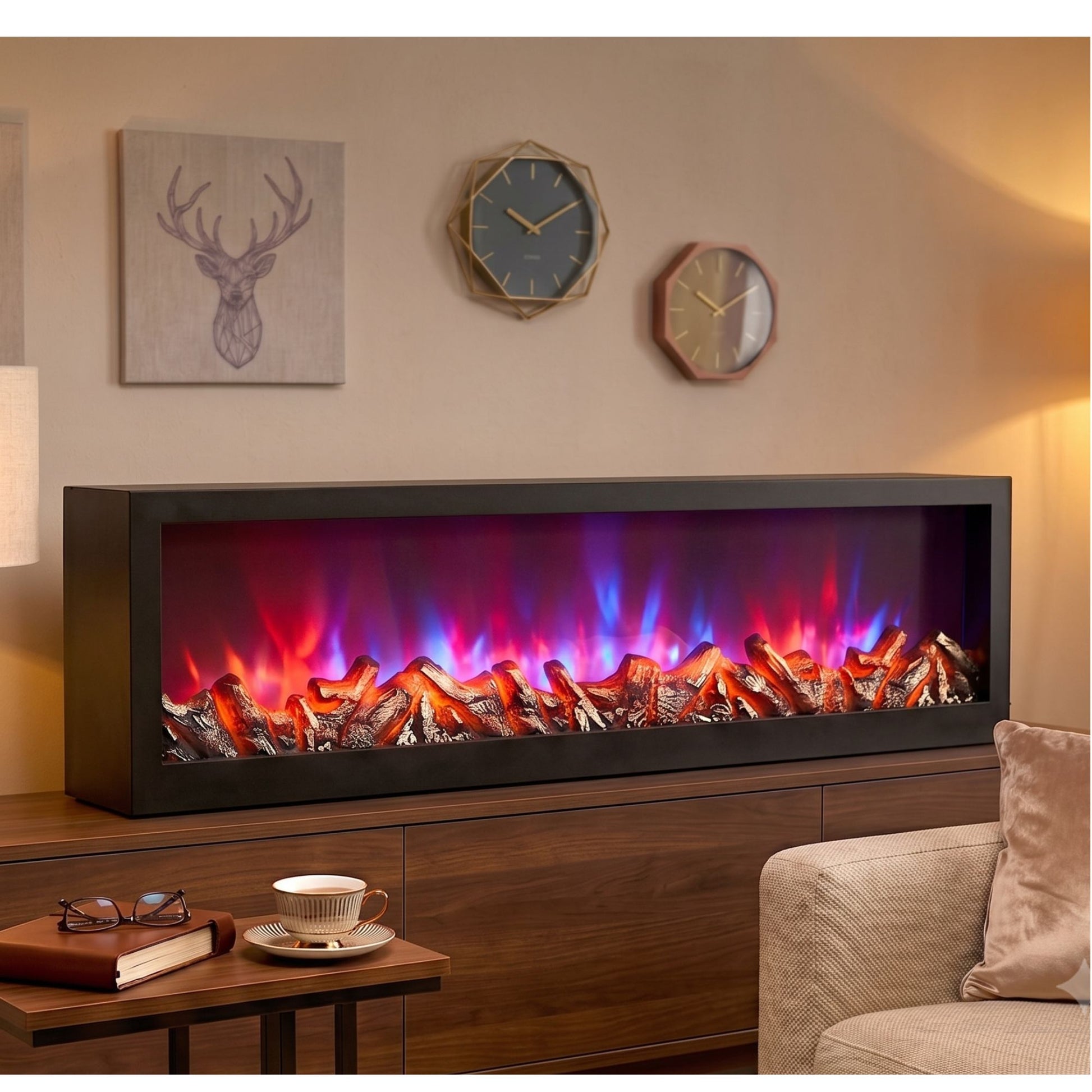 Wide rectangular black framed electric fireplace display with vibrant blue, purple, and red glowing LED flames and logs placed on a console table in a living room setting.-1
