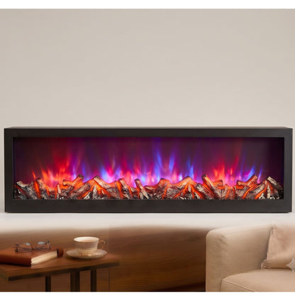 Wide rectangular black framed electric fireplace display with vibrant blue, purple, and red glowing LED flames and logs placed on a console table in a living room setting.
