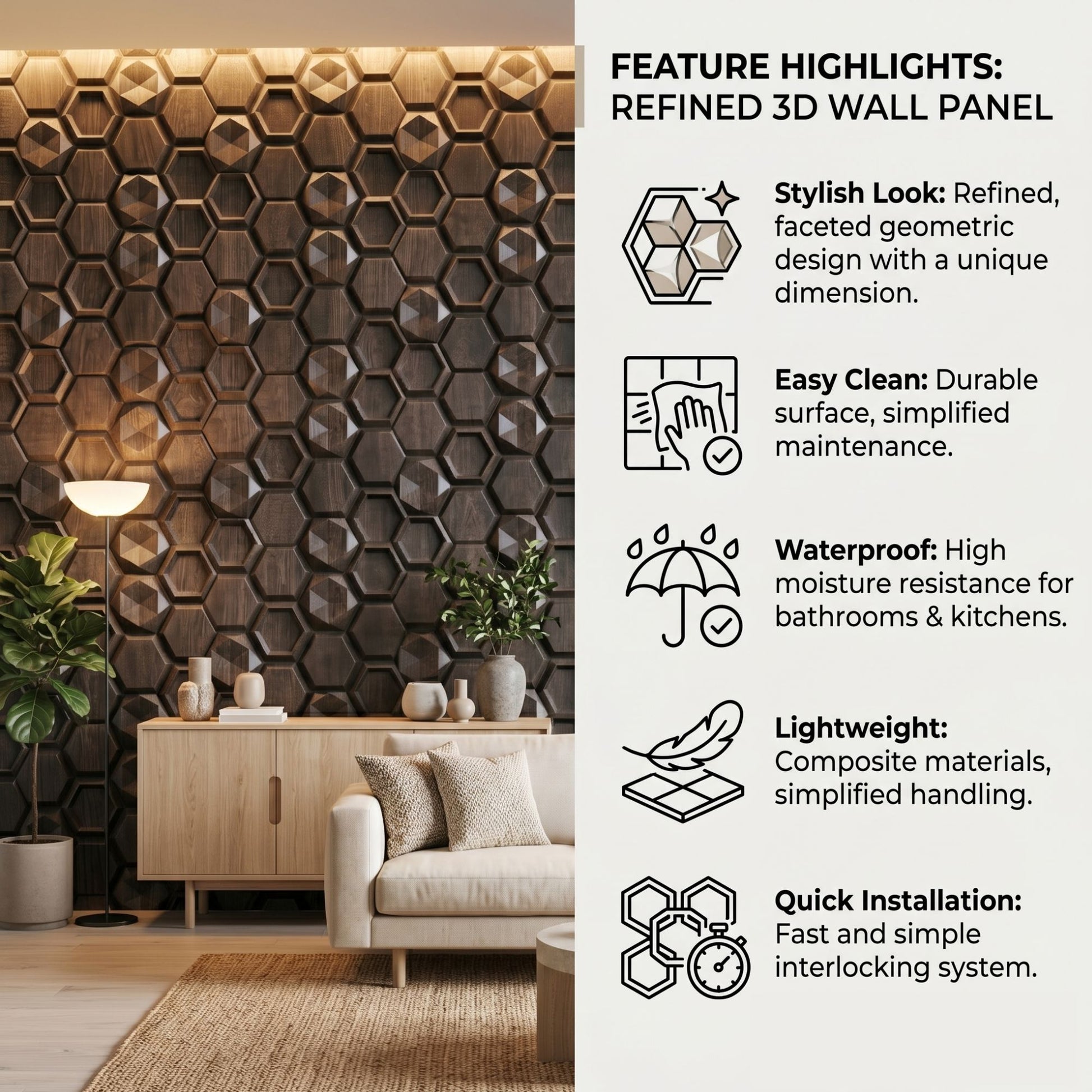 Wood Gray 3D Wall Panels Hexagon Design-2
