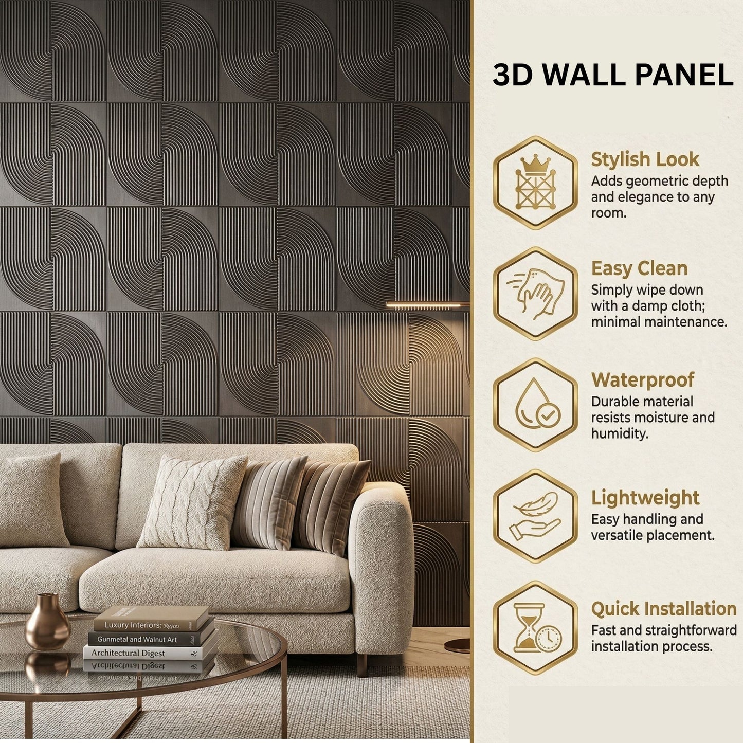 Wood Gray Self Adhesive 3D Panels Curve Design