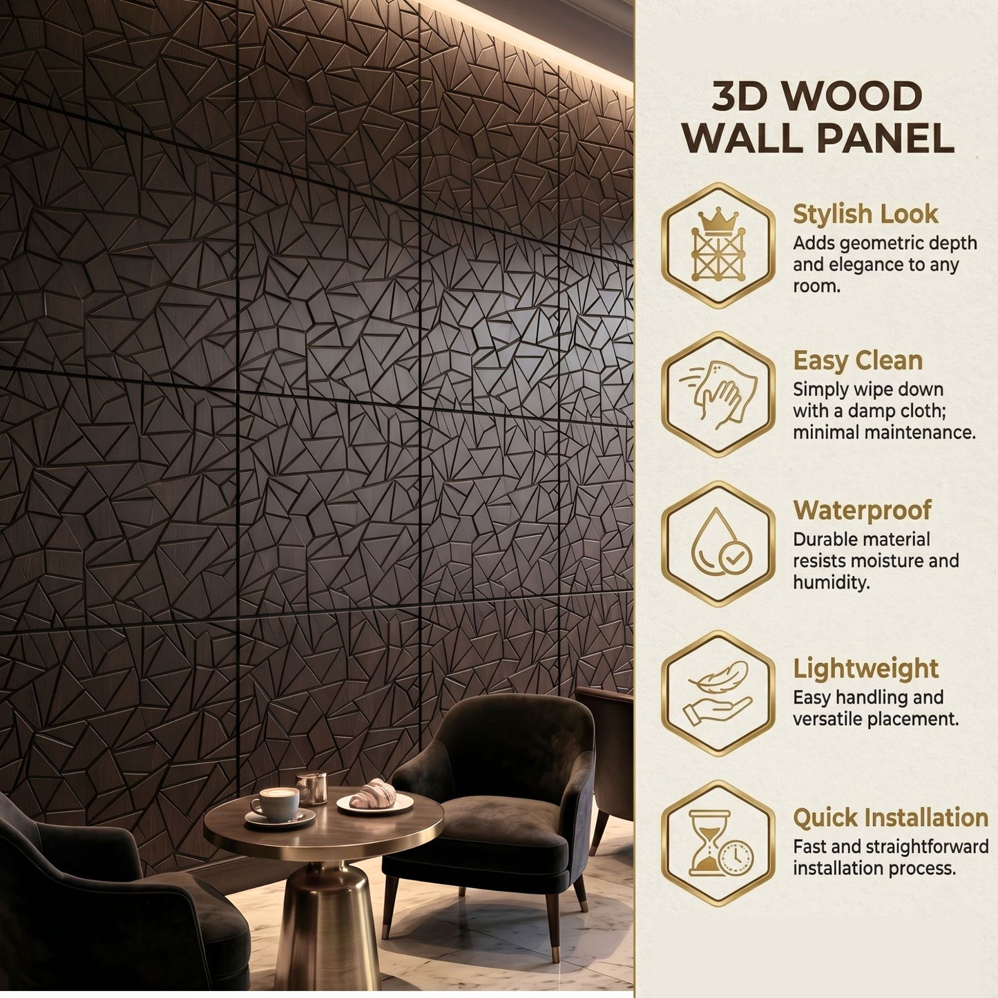 Wood Gray Self Adhesive 3D Panels Triangle Design