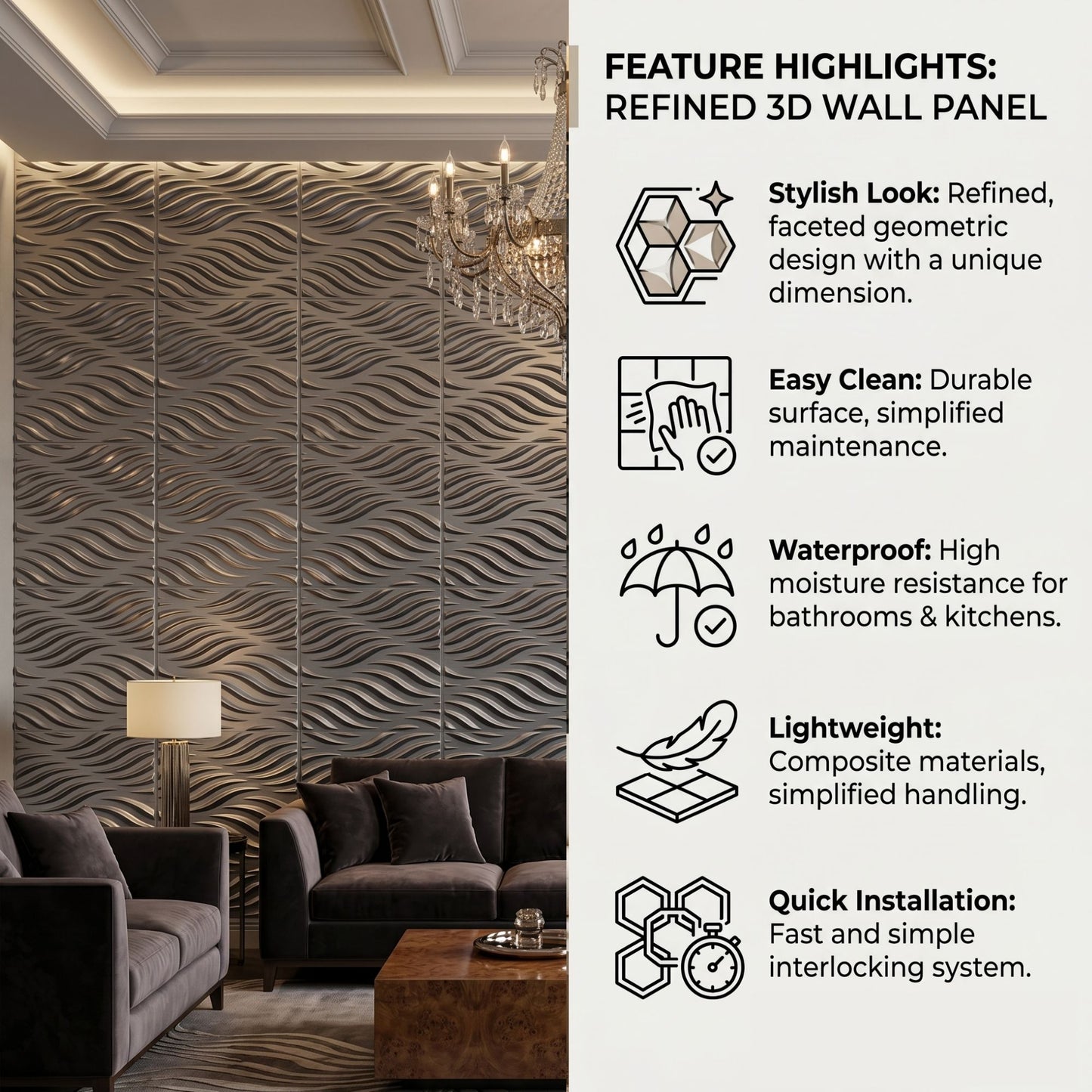 Wood Gray Self Adhesive 3D Panels Geometric 3D Design