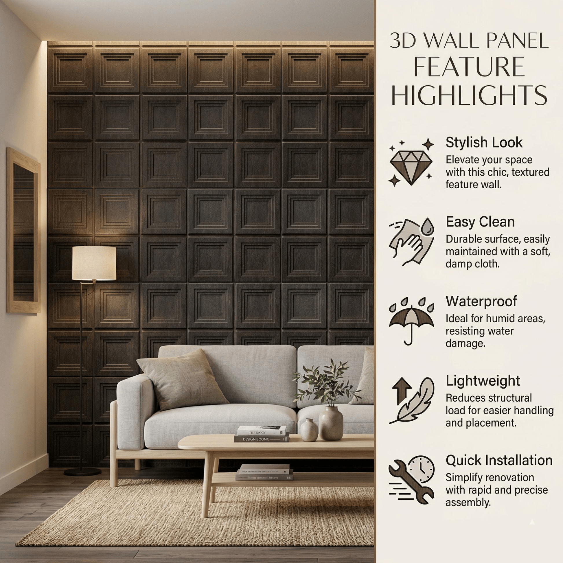Wood Gray Square Box Design 3D Wall Panel-2
