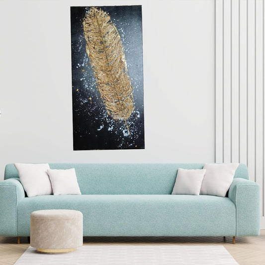 Handmade Embossed Canvas Art Painting With Wooden Frame for Wall Decor, Golden Feather Art, Size - 61 X 122 Cm