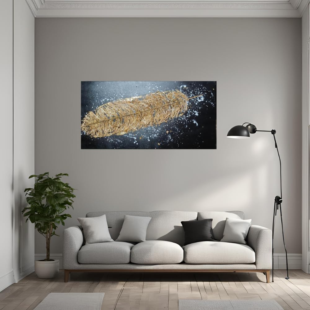 Handmade Embossed Canvas Art Painting With Wooden Frame for Wall Decor, Golden Feather Art, Size - 61 X 122 Cm