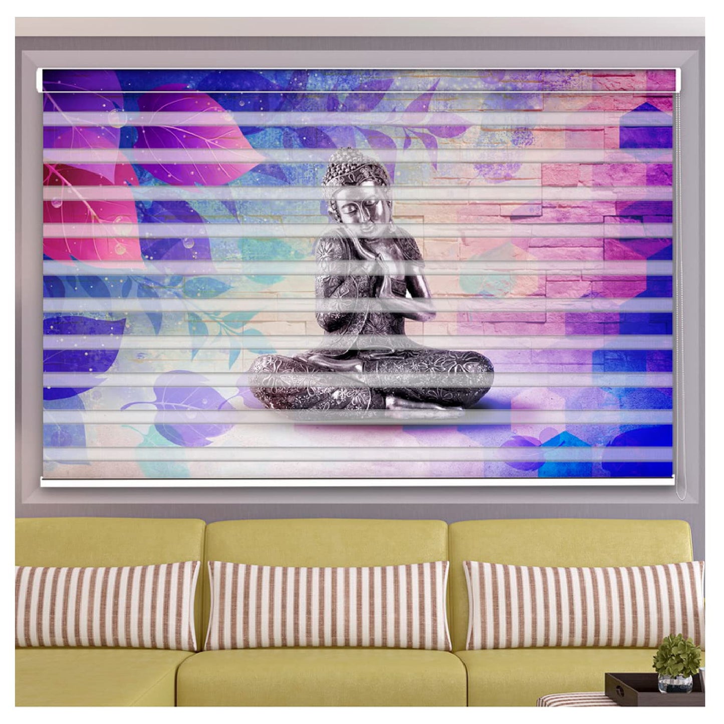 Zebra Blinds for Windows and Doors with Dual Shade, Horizontal Stripes, Blinds for Home & Office (Customized Size, Buddha Sculpture Design)