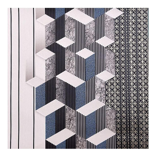3D Latest European Zig Zag Design White & Blue Wallpaper Roll for Home Walls 57 Sq Ft (0.53 m or 33 Feet)