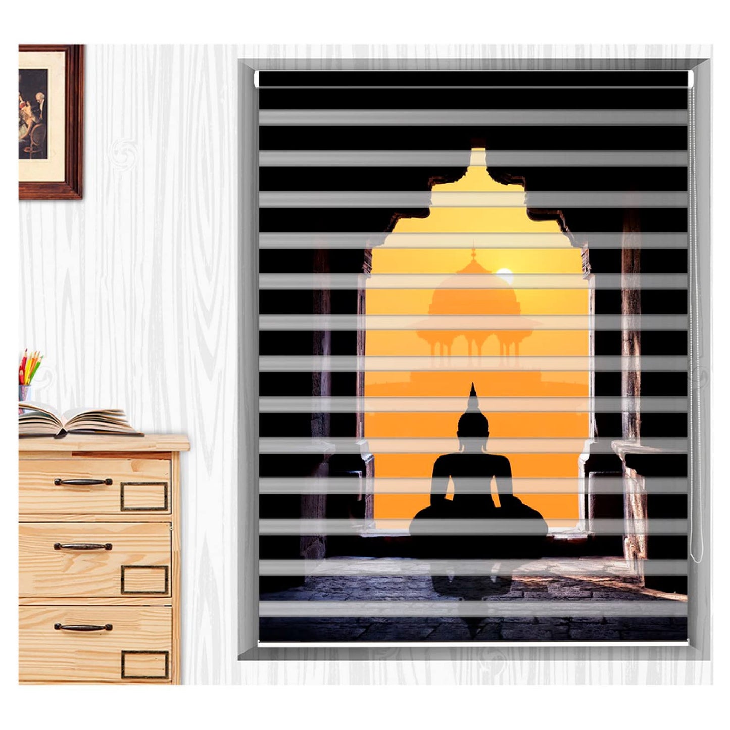 Zebra Blinds for Windows and Doors with Dual Shade, Horizontal Stripes, Blinds for Home & Office (Customized Size, Buddha Statue Design)