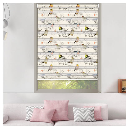 Zebra Blinds for Windows and Doors with Dual Shade, Horizontal Stripes, Blinds for Home & Office (Customized Size, Birds on Branches Design)