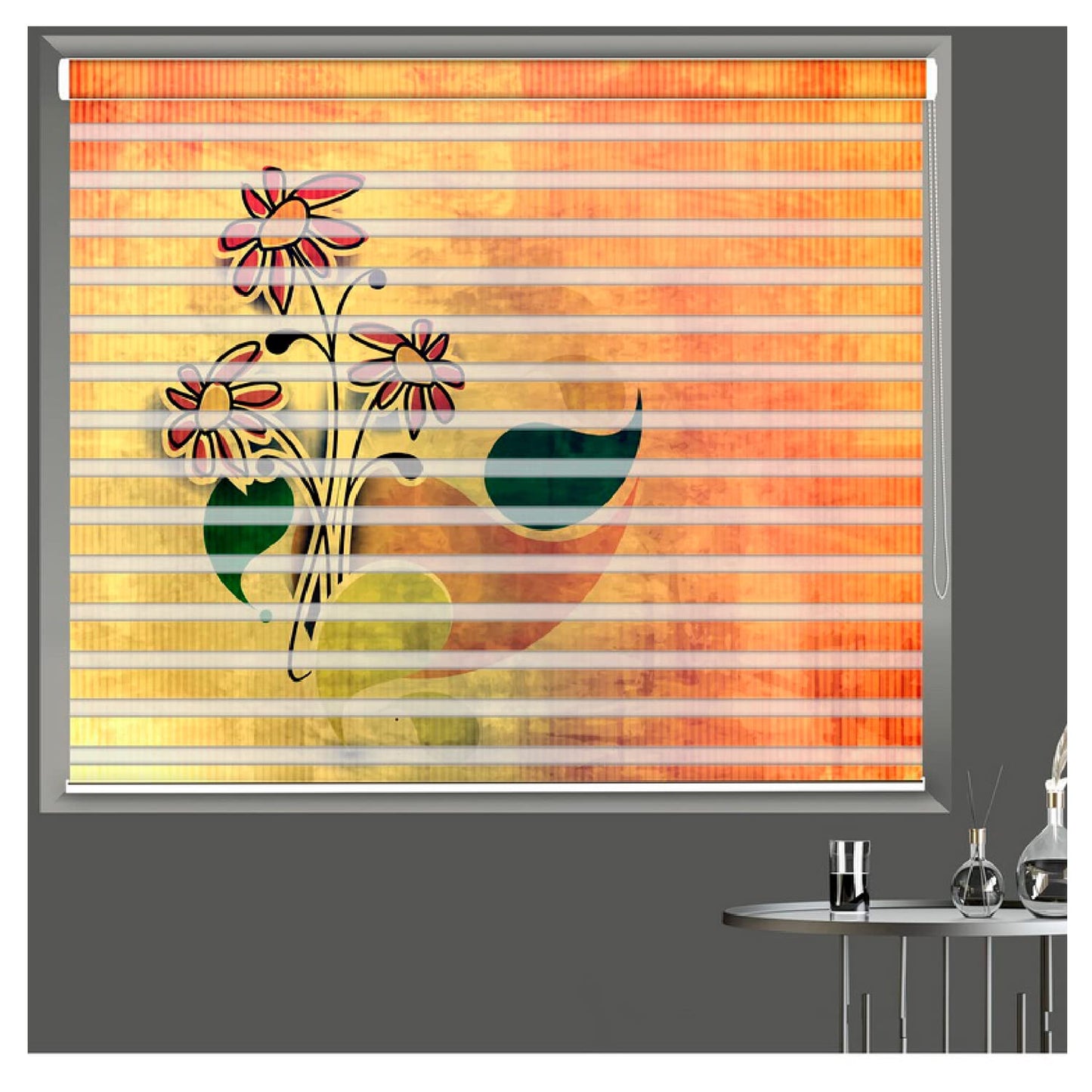 Zebra Blinds for Windows and Doors with Dual Shade, Horizontal Stripes, Blinds for Home & Office (Customized Size, Big Flower Art Design)