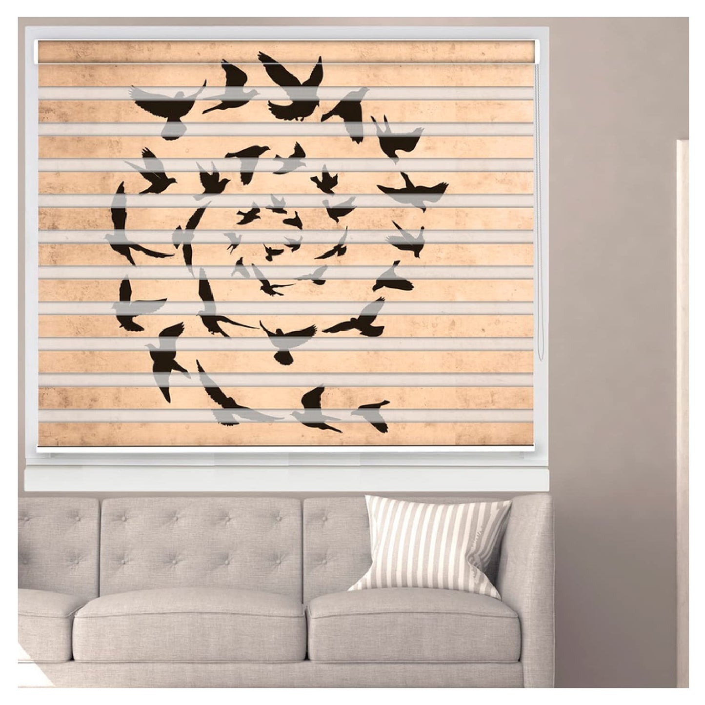 Zebra Blinds for Windows and Doors with Dual Shade, Horizontal Stripes, Blinds for Home & Office (Customized Size, Birds Flying Circular Design)