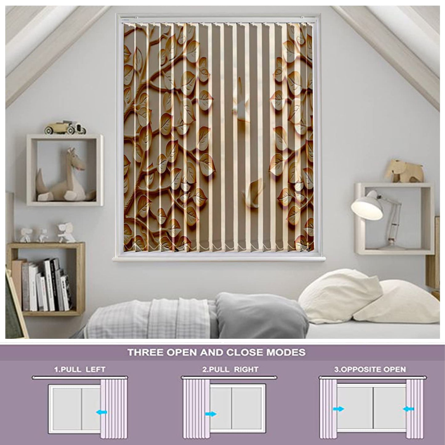 Vertical Blinds for Windows,French Door and Sliding Door Blinds for Smart Home Office, (Customized Size, Birds and Leafs)
