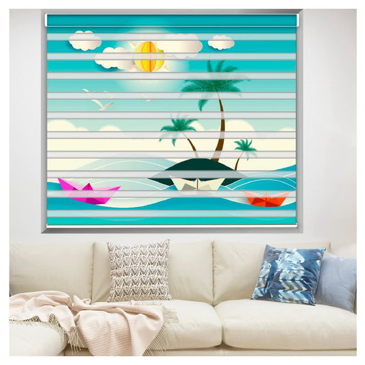 Zebra Blinds for Windows and Doors with Dual Shade, Horizontal Stripes, Blinds for Home & Office (Customized Size, Beach Art Design)