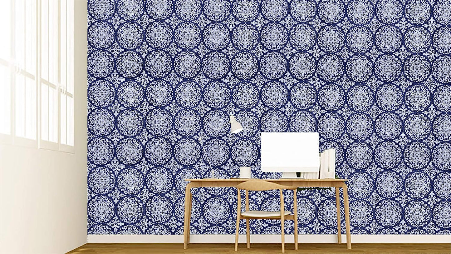 3D Latest Circular Floral Design Blue Wallpaper Roll for Home Walls 57 Sq Ft (0.53m or 33 Feet)
