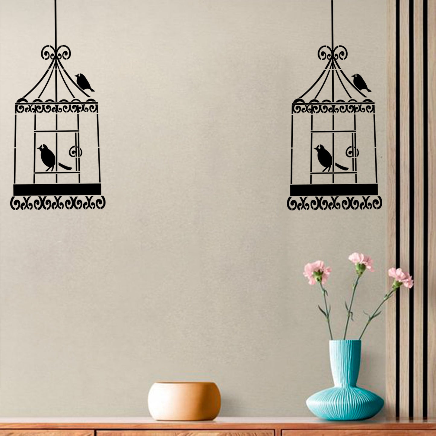 Birds with Cage Wall Design Stencil (KHS327)