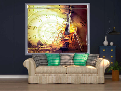 Printed Blackout Roller Blinds for Window Violin with vintage clock design
