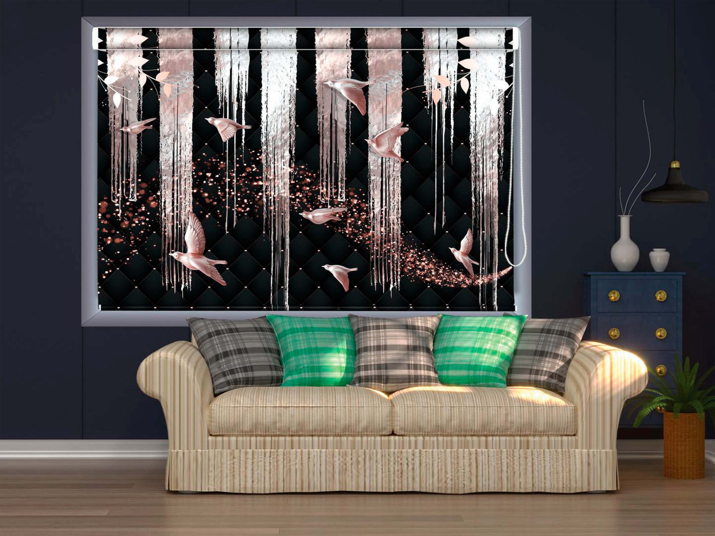Blackout Roller Blinds for Window Gold Fringe Foil With Birds (36-(W) X 36-(H)
